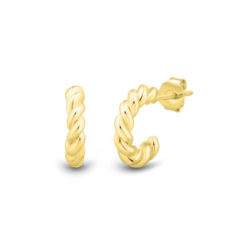 Hollow Twisted Open Huggie Hoop Earrings in 10K Yellow Gold, 10MM – Image 1 of 4