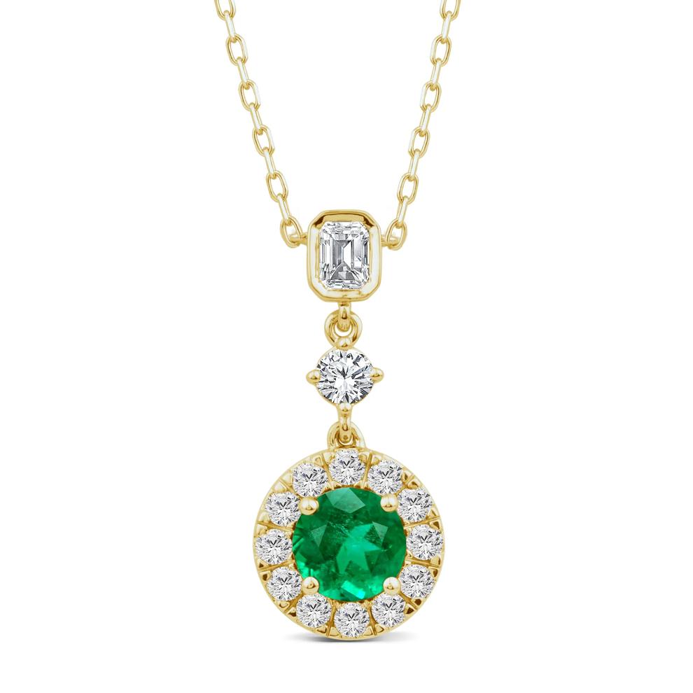 Emerald and Diamond Halo Pendant in 10K Yellow Gold (1 ct. tw.) – Image 1 of 4