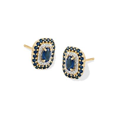 Blue Sapphire & Diamond Double Halo Stud Earrings in 10K Yellow Gold (1/8 ct. tw.)