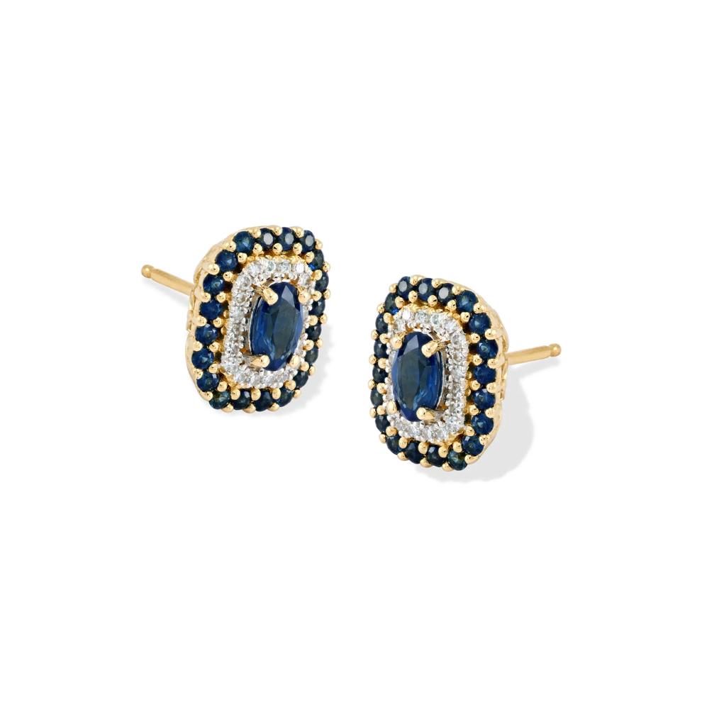 Blue Sapphire &amp; Diamond Double Halo Stud Earrings in 10K Yellow Gold (1/8 ct. tw.) – Image 1 of 2
