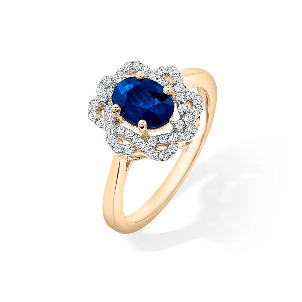 Blue Sapphire &amp; Diamond Halo Ring in 10K Yellow Gold (1/4 ct. tw.) – Image 4 of 4