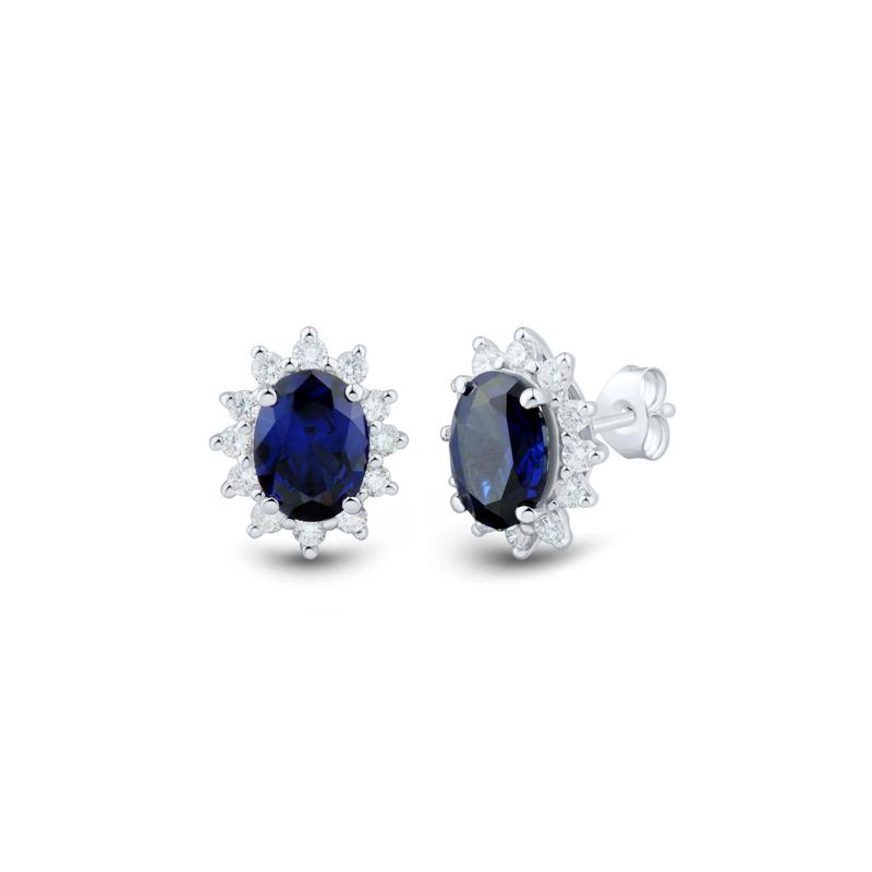 Lab-Created Blue Sapphire and Lab Grown Diamond Halo Earrings in 10K White Gold &#40;1/2 ct. tw.&#41; – Image 1 of 2
