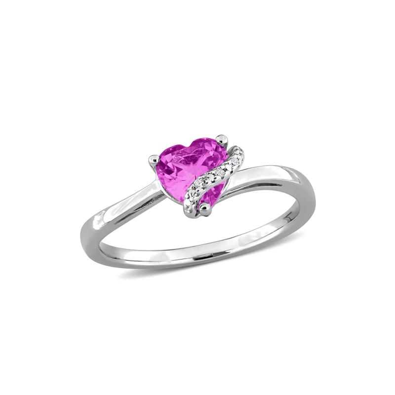 Heart-Shaped Lab-Created Pink Sapphire and Diamond Accent Ring in Sterling Silver – Image 4 of 4