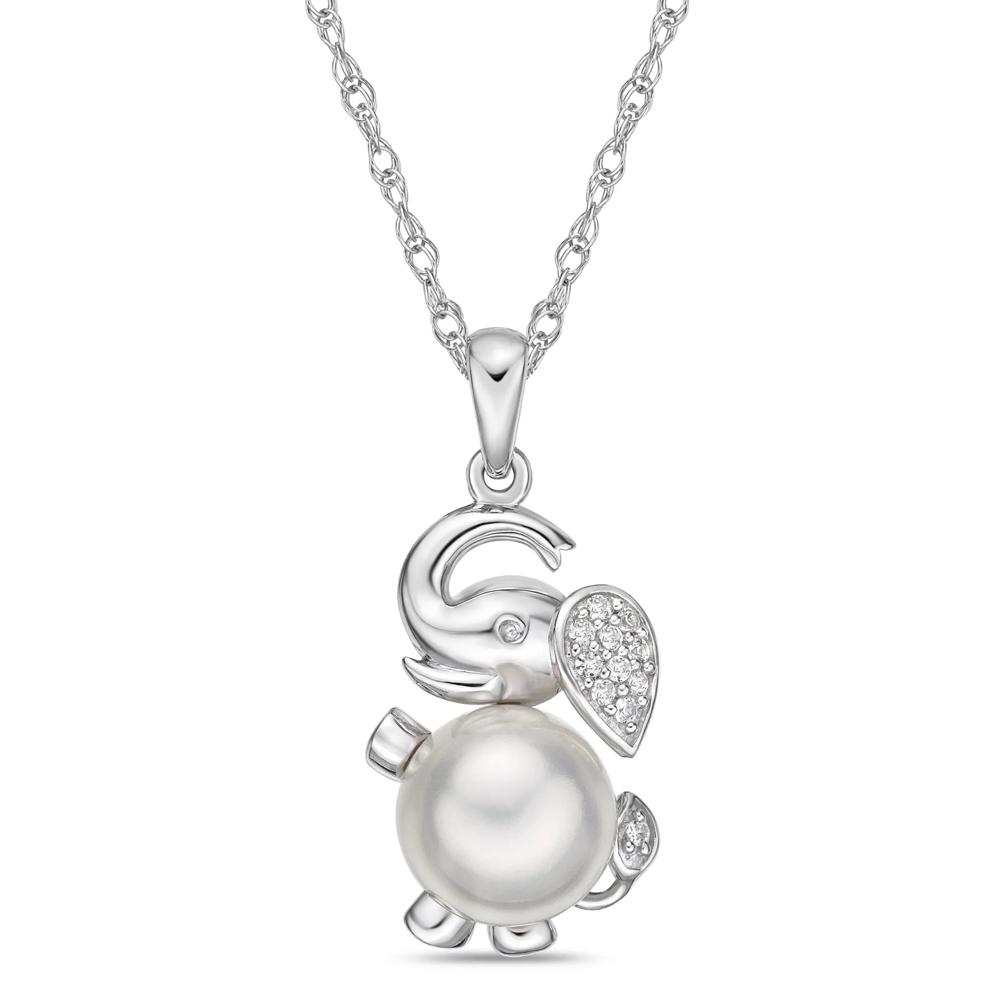 Freshwater Cultured Pearl and Lab-Created White Sapphire Elephant Pendant in Sterling Silver – Image 1 of 3