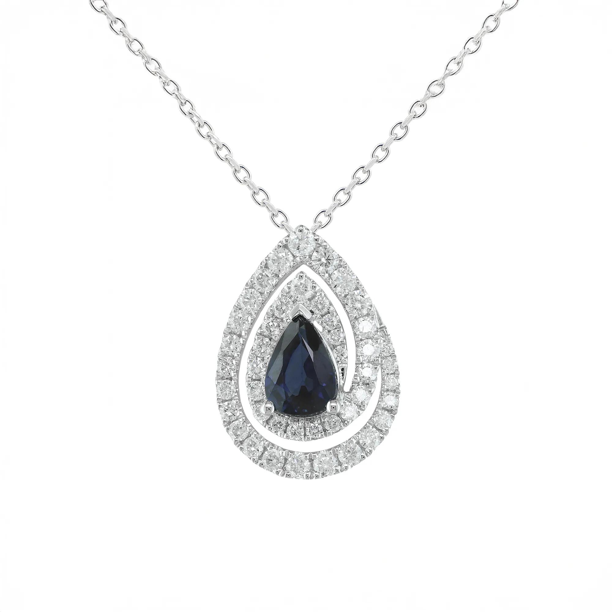 Blue Sapphire & Diamond Swirl Pendant Necklace in 10K White Gold