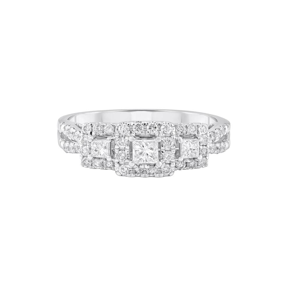 Princess-Cut Diamond Halo Three-Stone Engagement Ring in 10K White Gold (1/2 ct. tw.) – Image 1 of 3