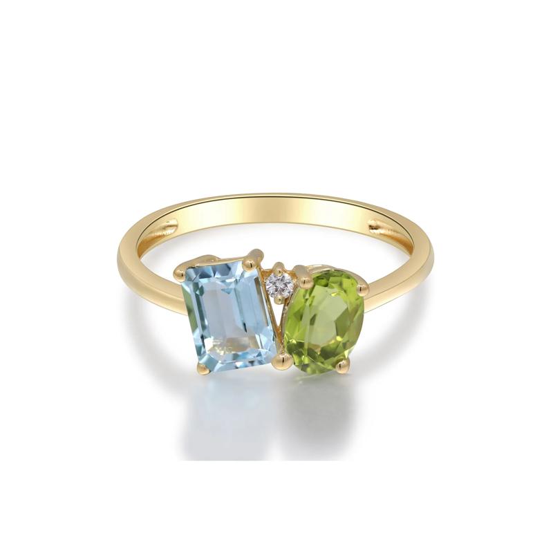 Blue Topaz, Peridot and Diamond Toi et Moi Ring in 10K Yellow Gold – Image 1 of 5