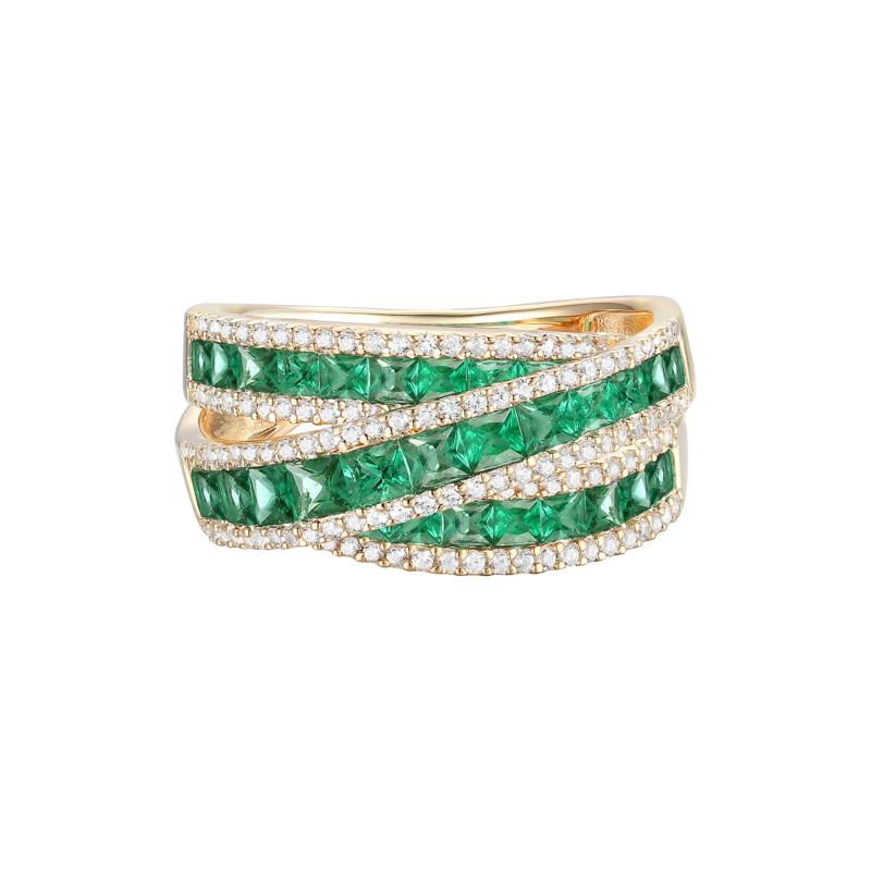 Emerald and Diamond Crossover Ring in 10K Yellow Gold &#40;1/2 ct. tw.&#41; – Image 1 of 3