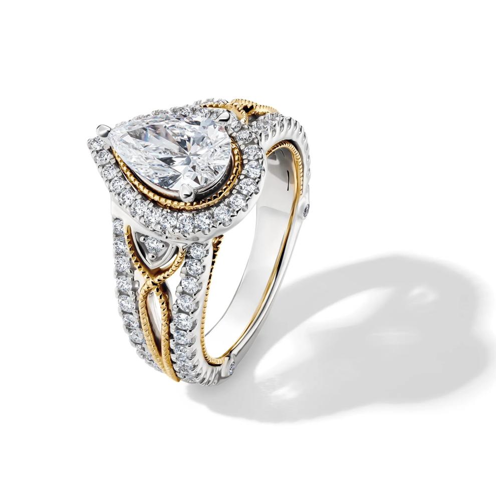 Aria Lab Grown Diamond Pear-Shaped Halo Bridal Set in 14K White &amp; Yellow Gold (2 5/8 ct. tw.) – Image 5 of 7