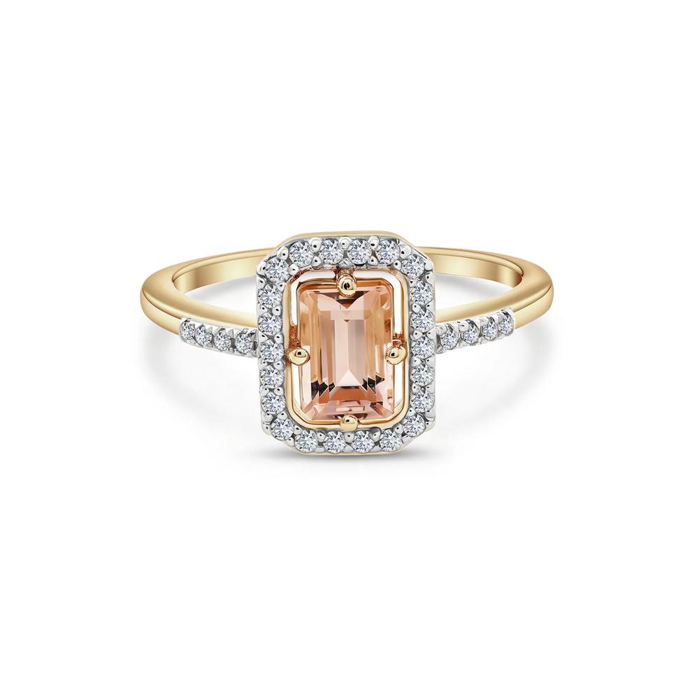Morganite &amp; Diamond Halo Ring in 10K Yellow Gold (1/7 ct. tw.) – Image 1 of 4