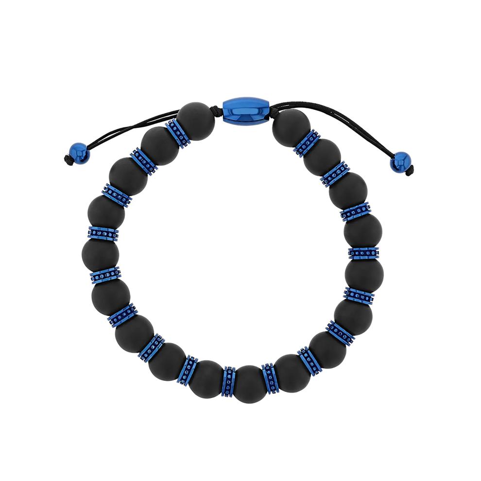Men&rsquo;s Onyx Bead Bolo Bracelet in Blue Ion-Plated Stainless Steel – Image 1 of 1