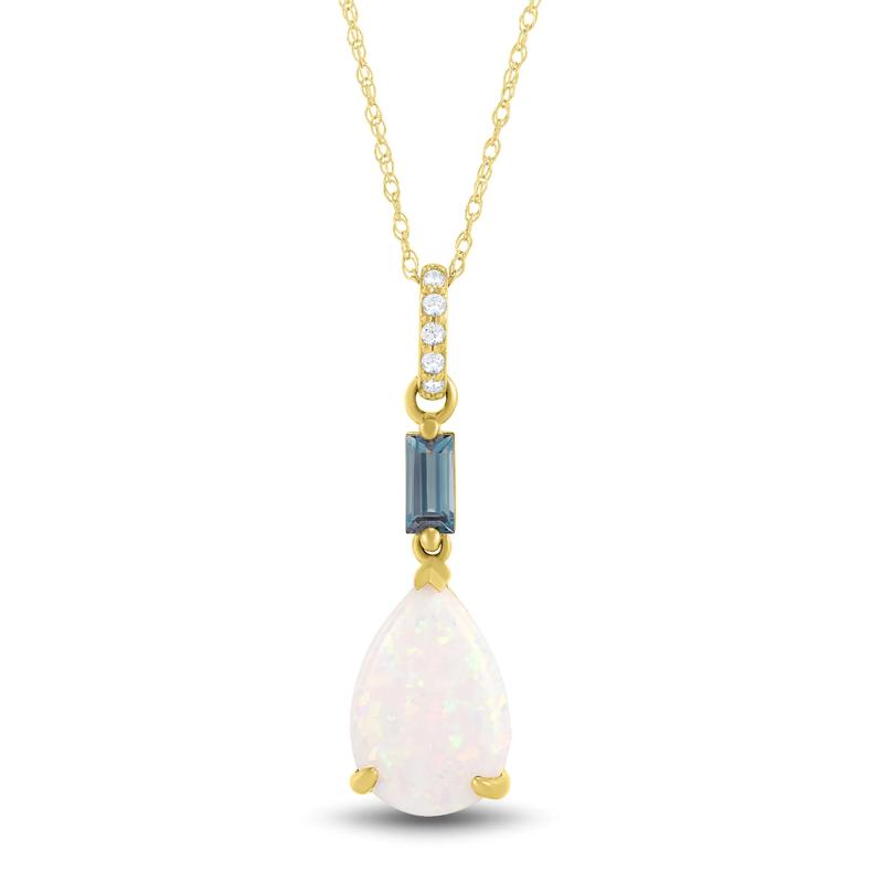 Pear-Shaped Lab-Created Opal Pendant with London Blue Topaz &amp; Diamond Accents in 10K Yellow Gold  – Image 1 of 3