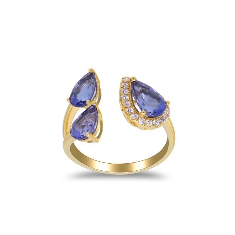 Tanzanite and Diamond Accent Three-Stone Ring in 10K Yellow Gold (1/7 ct. tw.) – Image 1 of 5