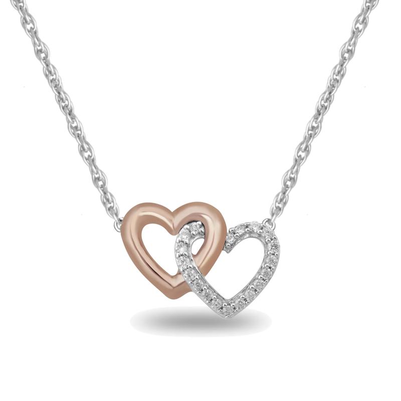 Diamond Interlocking Hearts Necklace in Sterling Silver and 14K Rose Gold – Image 1 of 3
