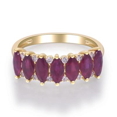 Marquise Ruby & Round Diamond Band Ring in 10K Yellow Gold (1/7 ct. tw.)
