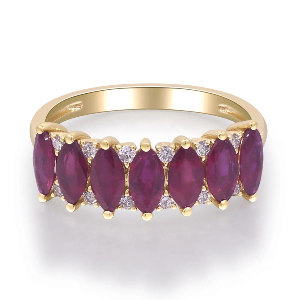 Marquise Ruby &amp; Round Diamond Band Ring in 10K Yellow Gold (1/7 ct. tw.) – Image 1 of 4