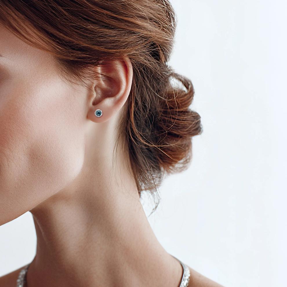 1/4 ct. tw. Blue &amp; White Diamond Halo Stud Earrings in Sterling Silver – Image 3 of 3