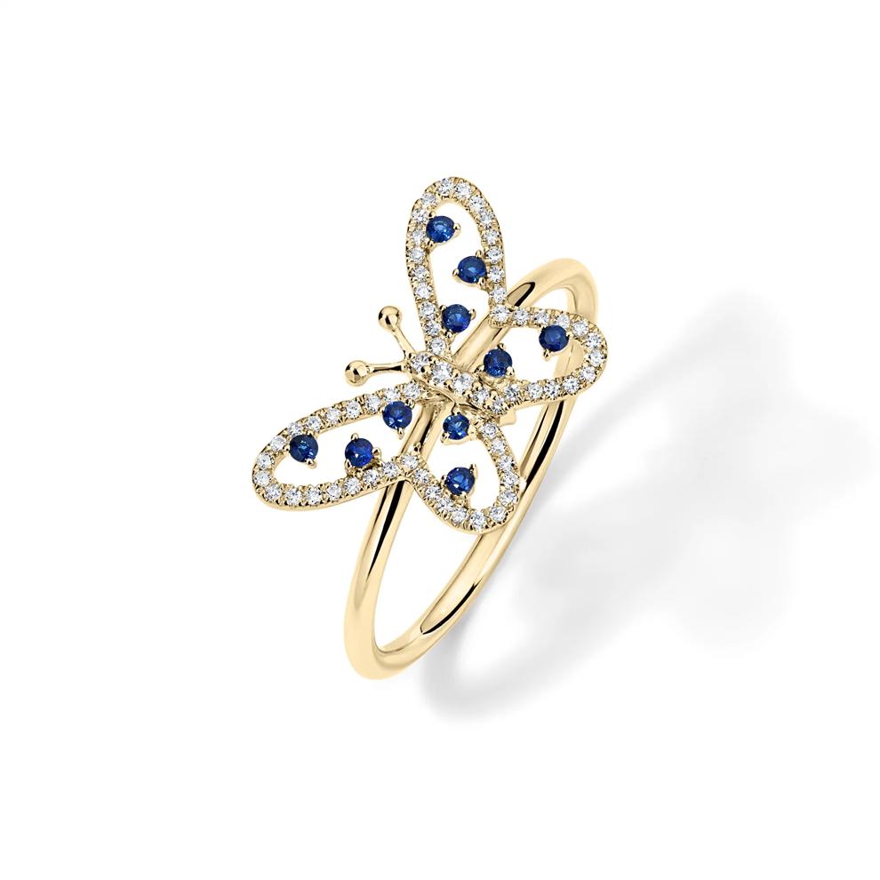 Blue Sapphire &amp; Diamond Butterfly Ring in 14K Yellow Gold (1/10 ct. tw.) – Image 4 of 4