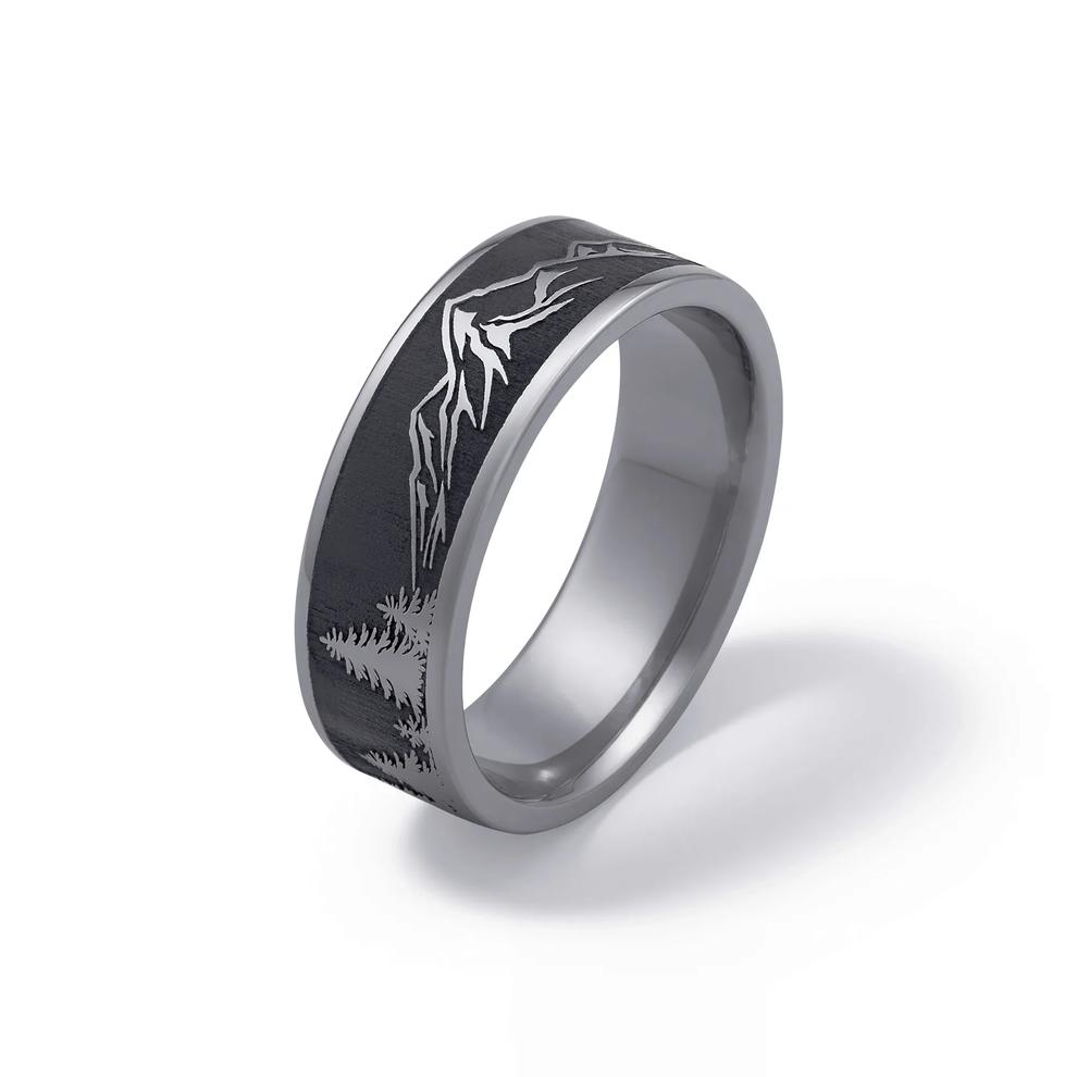 Men's Flat Band with Mountain Engraving in Tantalum, 8mm – Image 4 of 4