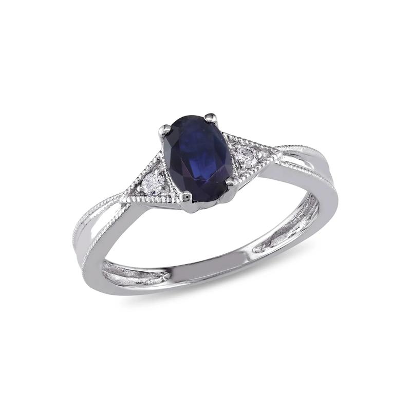 Oval Blue Sapphire &amp; Diamond Ring with Milgrain Detail in 14K White Gold – Image 4 of 4
