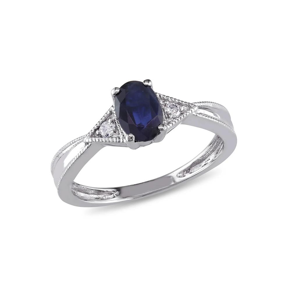 Oval Blue Sapphire &amp; Diamond Ring with Milgrain Detail in 14K White Gold – Image 4 of 4