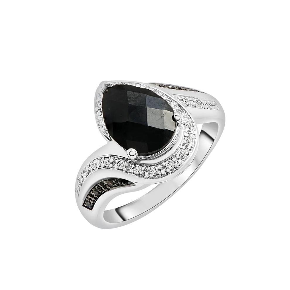 Pear-Shaped Onyx Ring with Black and White Diamonds in Sterling Silver (1/10 ct. tw.) – Image 5 of 5