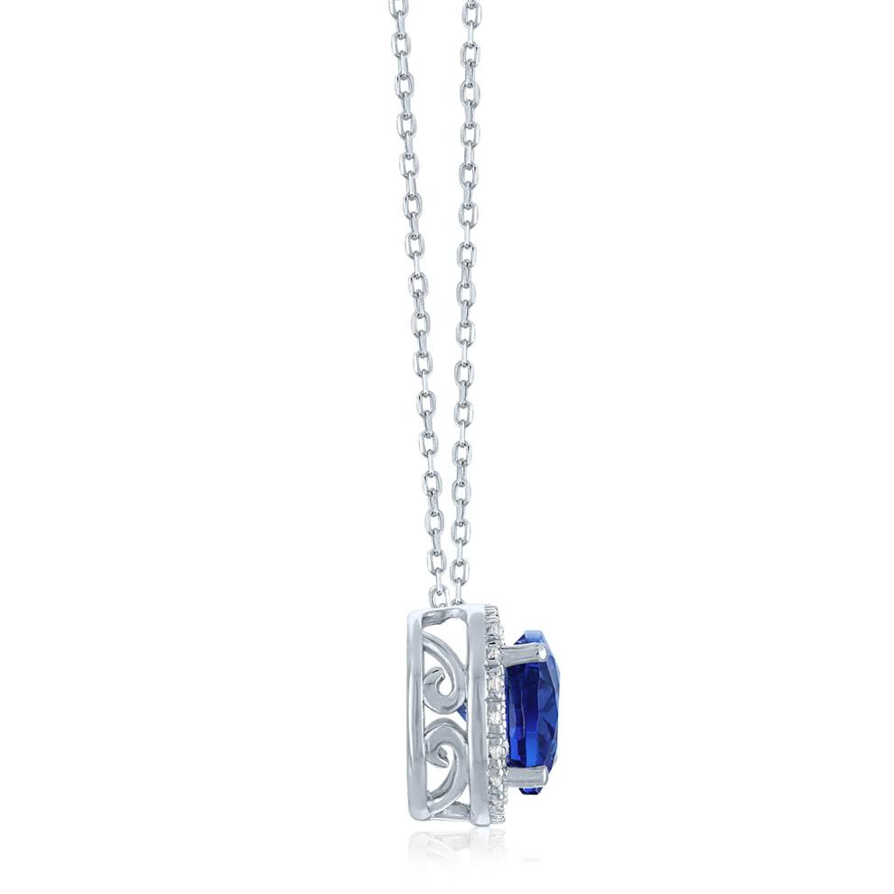 Lab-Created Blue Sapphire and Diamond Accent Halo Pendant in Sterling Silver – Image 2 of 3