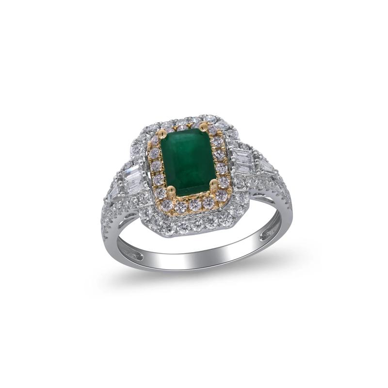 Emerald and Diamond Halo Ring in Two-Tone 14K White &amp; Yellow Gold &#40;3/4 ct. tw.&#41; – Image 4 of 5