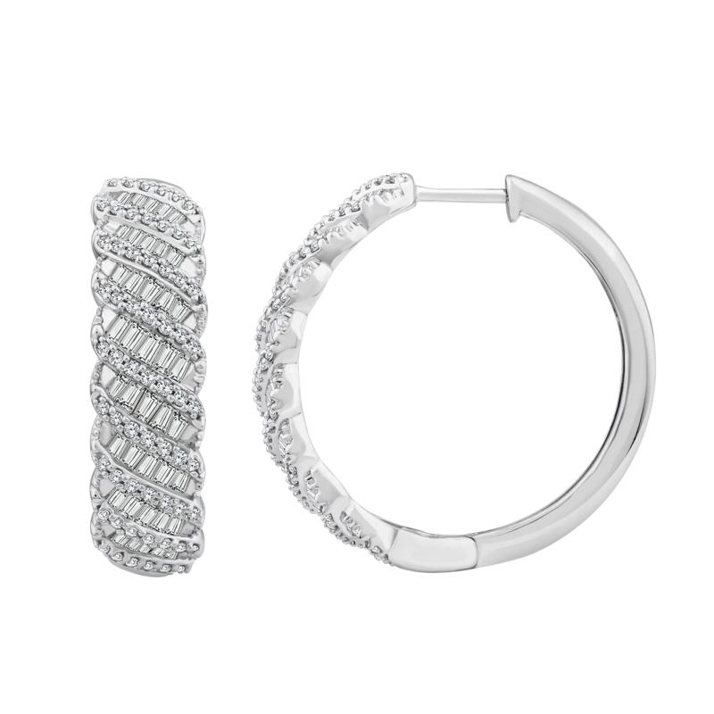 Round and Baguette Diamond Hoop Earrings in 10K White Gold &#40;1 1/2 ct. tw.&#41; – Image 2 of 2