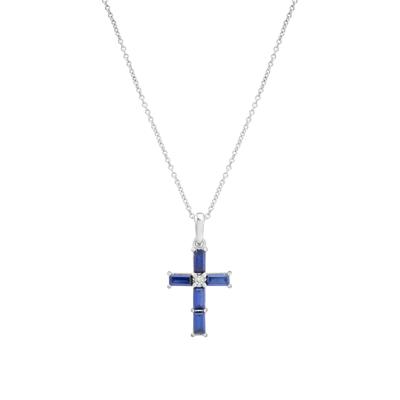Lab-Created Blue and White Sapphire Cross Pendant in Sterling Silver