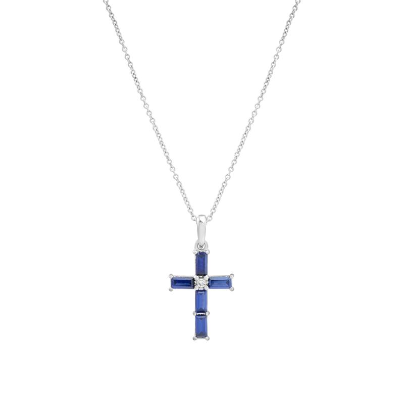 Lab-Created Blue and White Sapphire Cross Pendant in Sterling Silver – Image 1 of 4