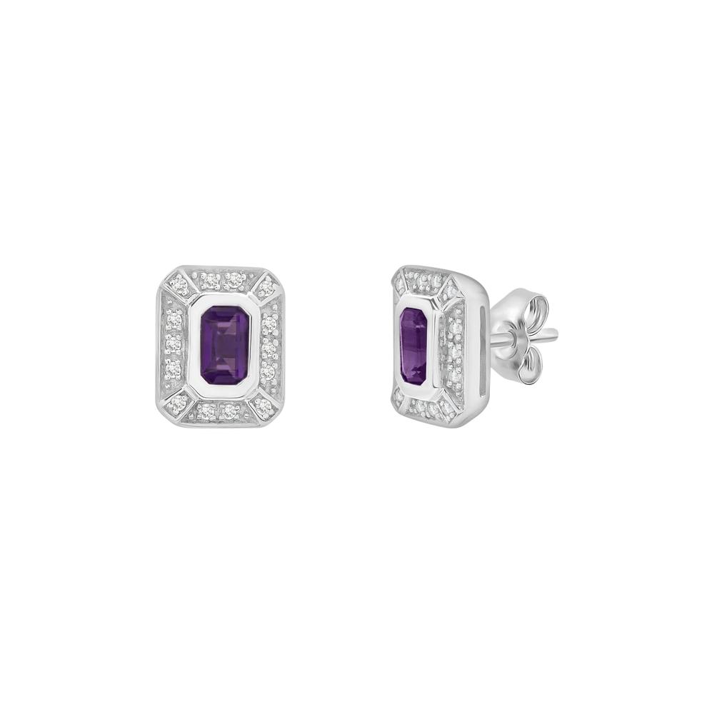 Purple Amethyst &amp; Lab-Created White Sapphire Halo Stud Earrings in Sterling Silver – Image 1 of 1