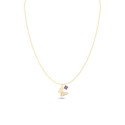 Butterfly & Amethyst Flower Pendant Necklace in 10K Yellow Gold