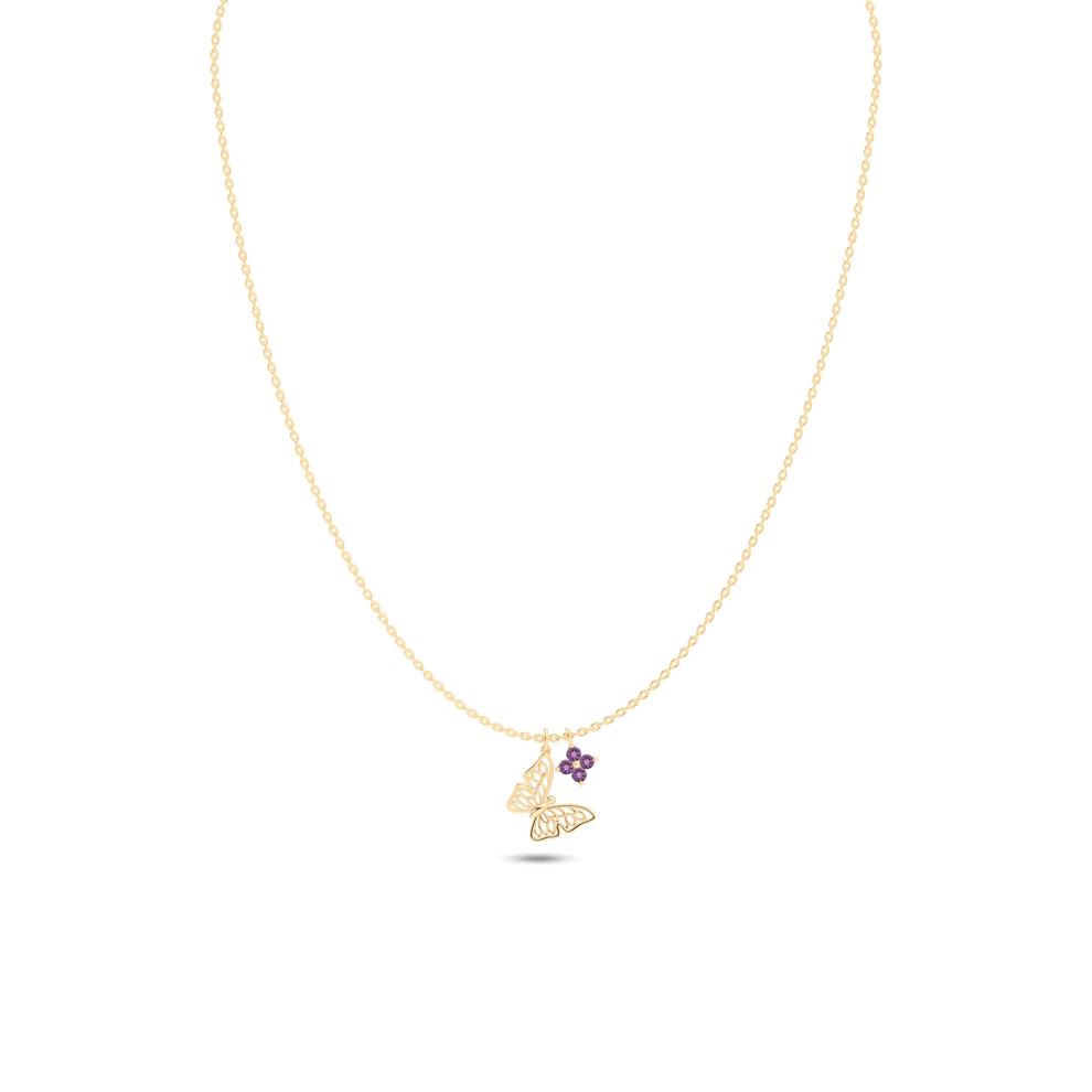 Butterfly &amp; Amethyst Flower Pendant Necklace in 10K Yellow Gold – Image 1 of 4