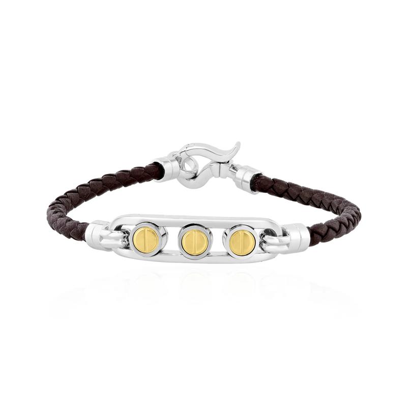 Men&#39;s Woven Leather Screw Bracelet in Sterling Silver and Vermeil, 8.5&quot; – Image 1 of 3