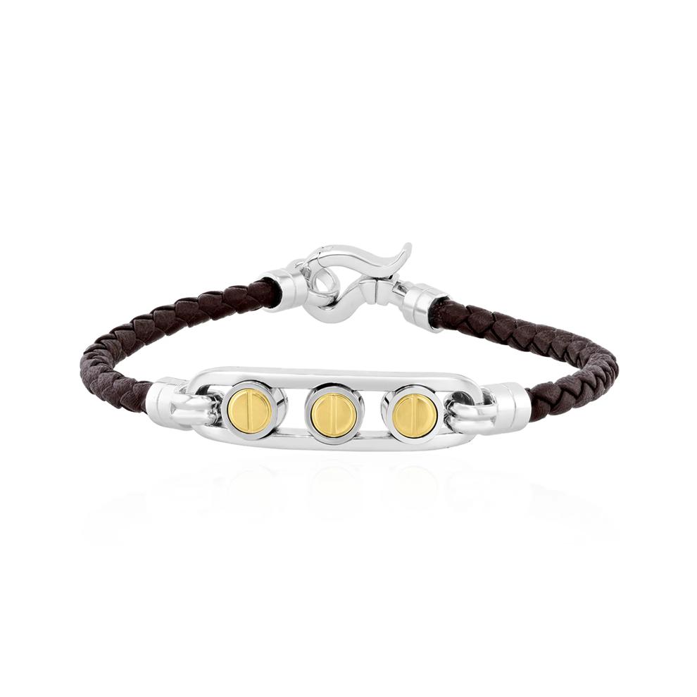 Men's Woven Leather Screw Bracelet in Sterling Silver and Vermeil, 8.5" – Image 1 of 3