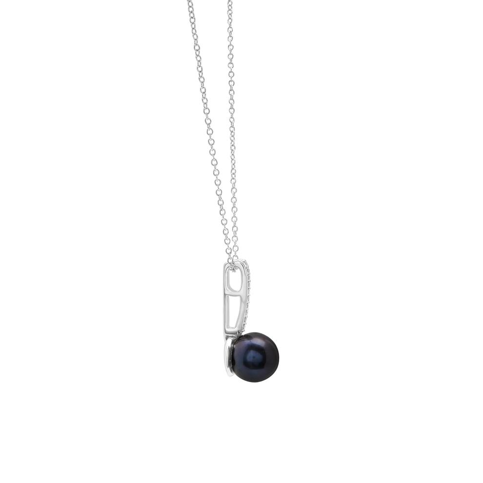 Black Pearl and Lab-Created White Sapphire Drop Pendant in 10K White Gold – Image 3 of 4