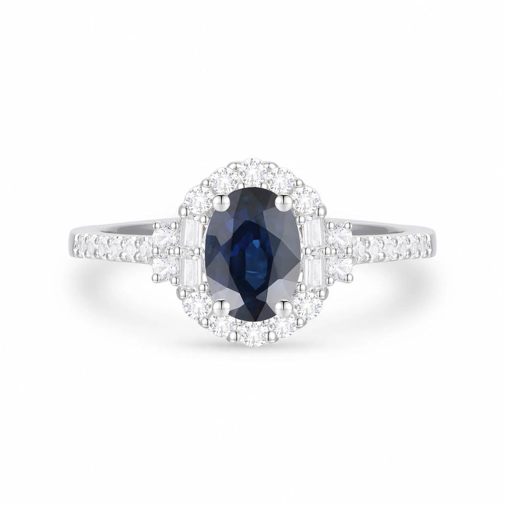 Blue Sapphire &amp; Diamond Halo Ring in 10K White Gold (1/3 ct. tw.) – Image 1 of 4