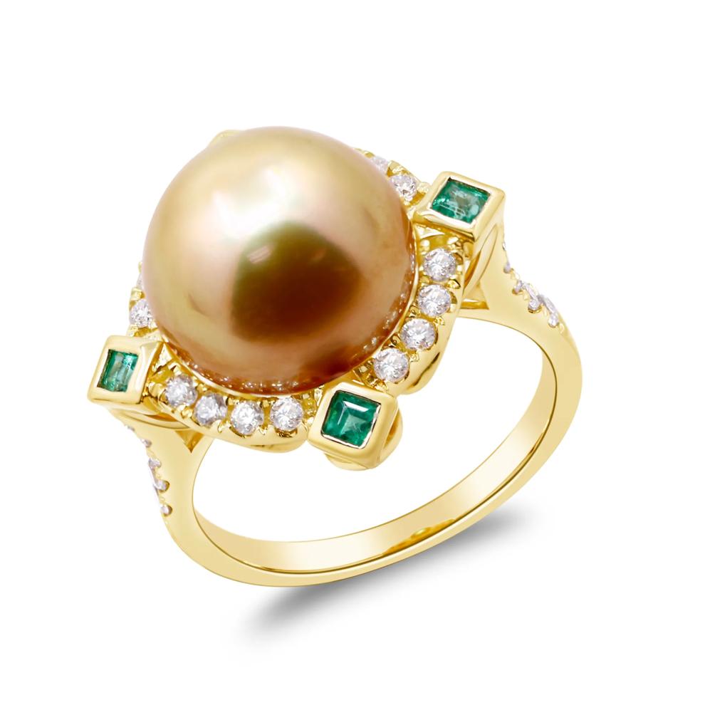 South Sea Pearl, Emerald &amp; Diamond Ring in 14K Yellow Gold (3/8 ct. tw.) – Image 4 of 4