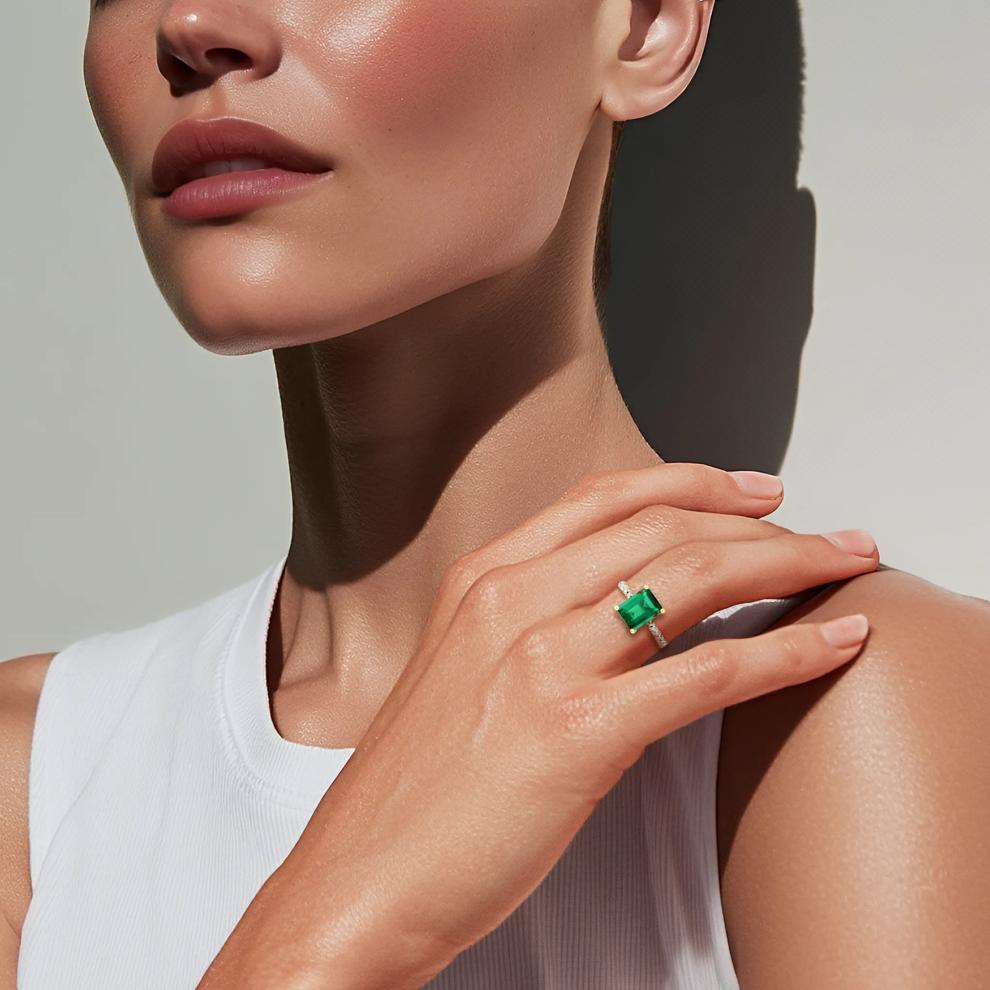 Lab-Created Emerald and Lab Grown Diamond Ring in 10K Yellow Gold (1/5 ct. tw.) – Image 4 of 4