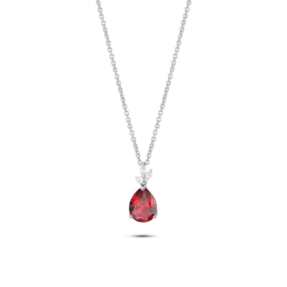 Lab-Created Ruby &amp; Lab Grown Diamond Drop Pendant Necklace in 10K White Gold (1/8 ct. tw.) – Image 1 of 4