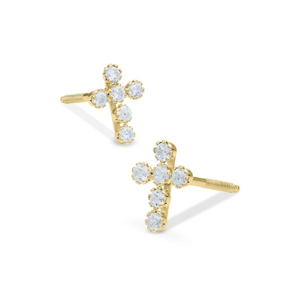 Children's Lab-Created White Cubic Zirconia Cross Stud Earrings in 14K Yellow Gold – Image 1 of 2