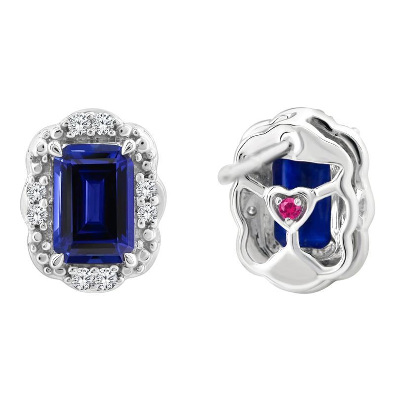 Emerald-Cut Blue Sapphire Halo Stud Earrings in 10K White Gold – Image 2 of 3