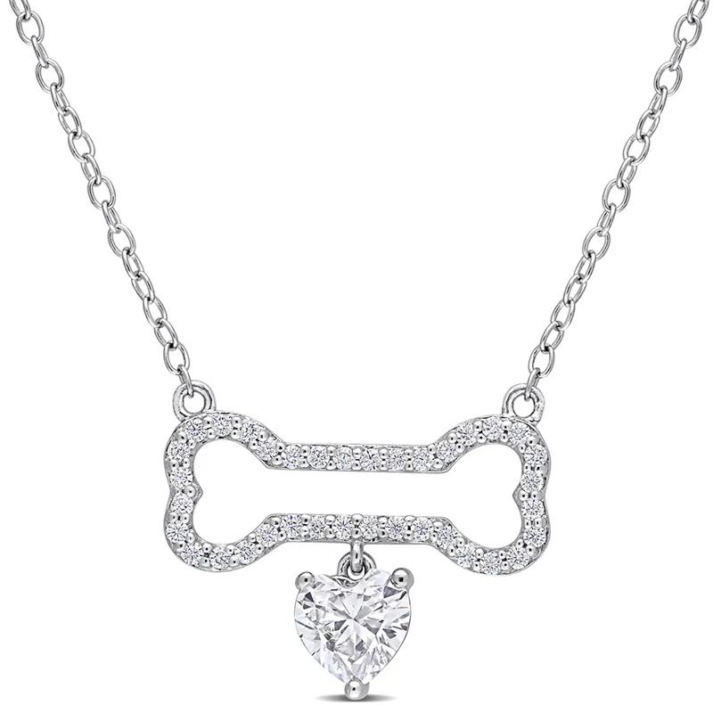 Moissanite Dog Bone Pendant Necklace in Sterling Silver – Image 1 of 4