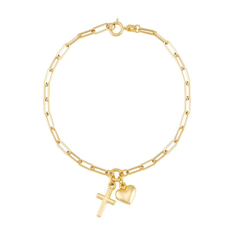 Paperclip Bracelet with Heart and Cross Charms in 14K Yellow Gold, 2MM, 7.25&rdquo; – Image 1 of 1