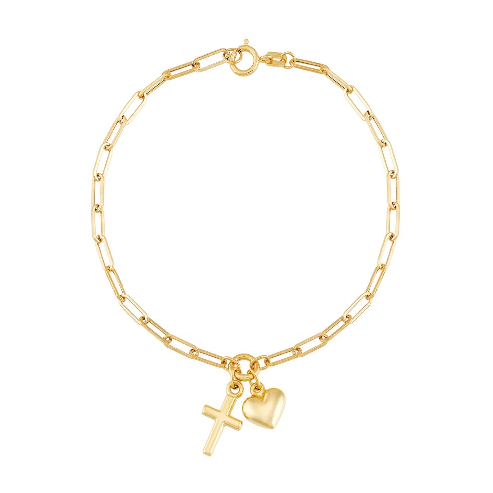 Paperclip Bracelet with Heart and Cross Charms in 14K Yellow Gold, 2MM, 7.25&rdquo; – Image 1 of 1