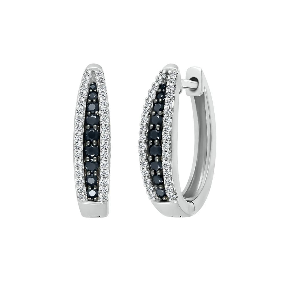 Oval Hoop Earring with Black &amp; White Diamonds in Sterling Silver (1/2 ct. tw.) – Image 2 of 3