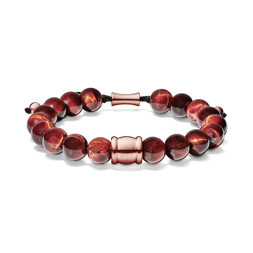 Men's Red Tigers Eye Beaded Bolo Bracelet in Rose-toned Stainless Steel – Image 1 of 2