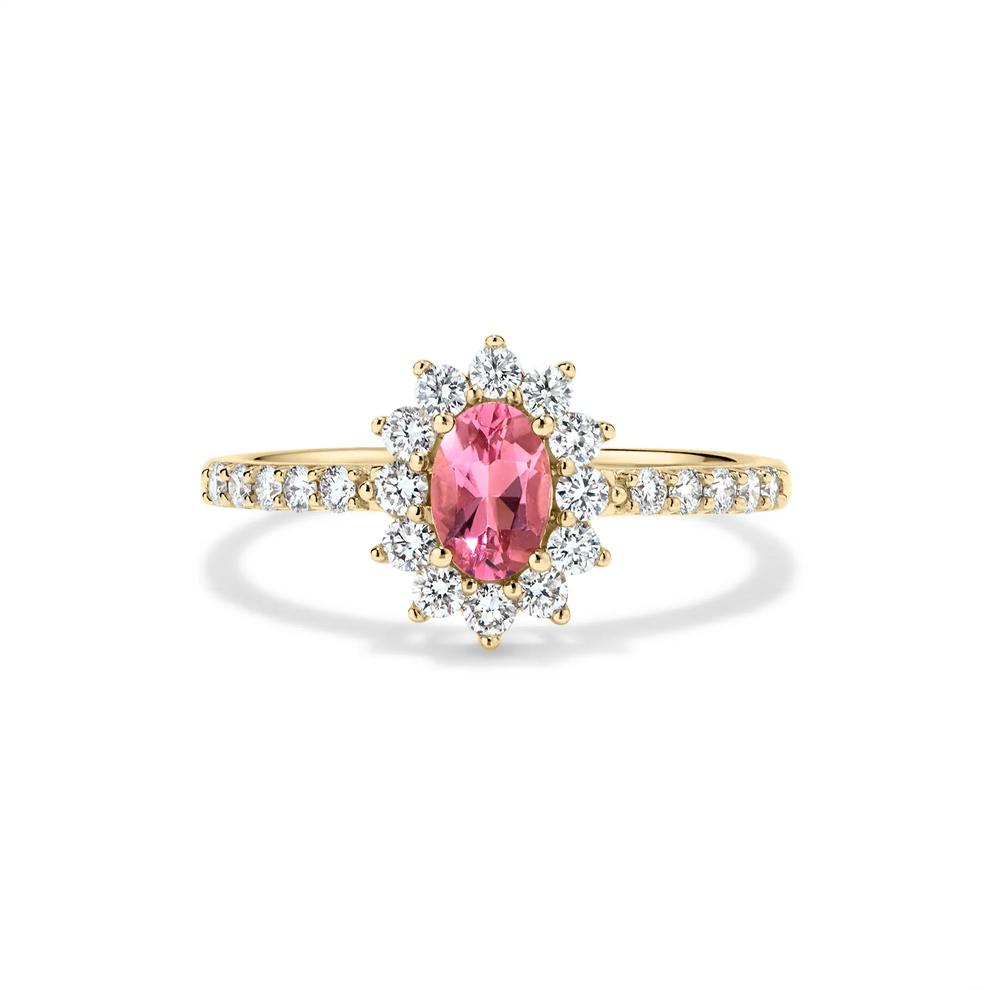 Pink Tourmaline &amp; Diamond Starburst Halo Ring in 10K Yellow Gold (3/8 ct. tw.) – Image 1 of 4