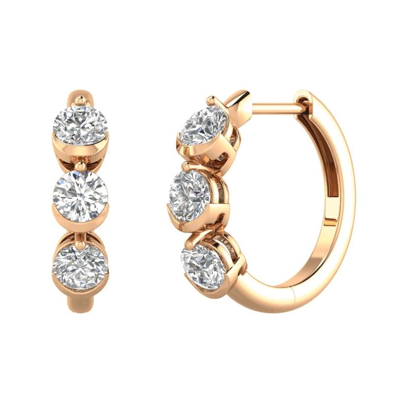 Lab Grown Diamond Three-Stone Hoop Earrings in 10K Rose Gold (1 ct. tw.) – Image 1 of 2